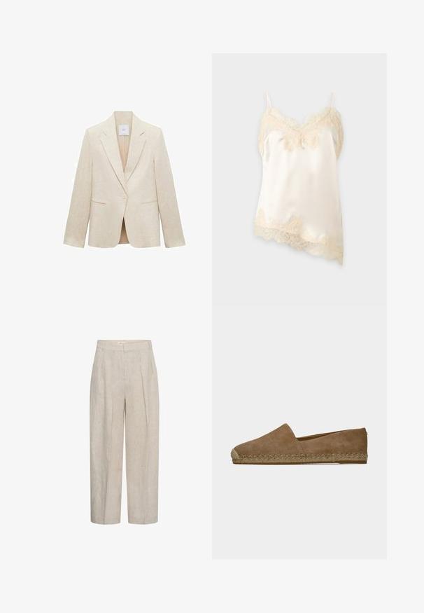 Blazer beige clair en lin, avec un col à revers, fermeture à un bouton, deux poches avant et une coupe ajustée.; Caraco en satin de couleur crème avec une délicate bordure en dentelle le long de l'encolure, de l'ourlet et des fines bretelles sur un fond uni.; Pantalon beige taille haute à jambes larges avec plis devant et passants de ceinture, fabriqué en tissu de lin texturé.; Espadrille à enfiler en daim marron avec un détail tressé le long de la semelle, talon plat et bout arrondi sur fond blanc.
