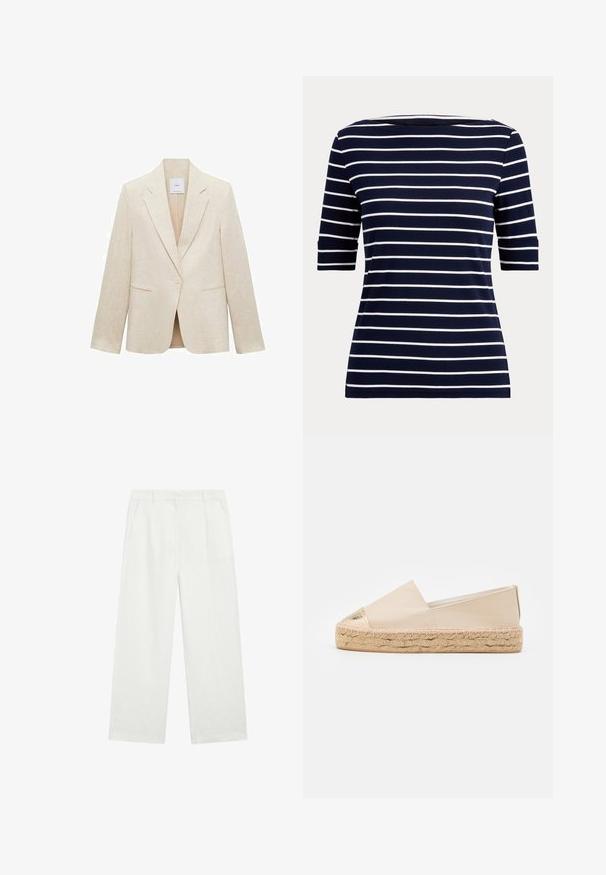 Lyse beige blazer lavet af linned, med klapkrave, enkelt knappelukning, to frontlommer og en skræddersyet pasform.; Marineblå skjorte med hvide vandrette striber og albuelange ærmer, vist på en ensfarvet lys baggrund.; Hvide bukser med brede ben, skræddersyet pasform, lige ben, sidelommer og bæltestropper, lagt fladt på en ensfarvet baggrund.; Beige espadrille med en metallisk guldkappe på tåen og en vævet jutesål. Glat læderoverdel med et fladt silhouette og slip-on design.
