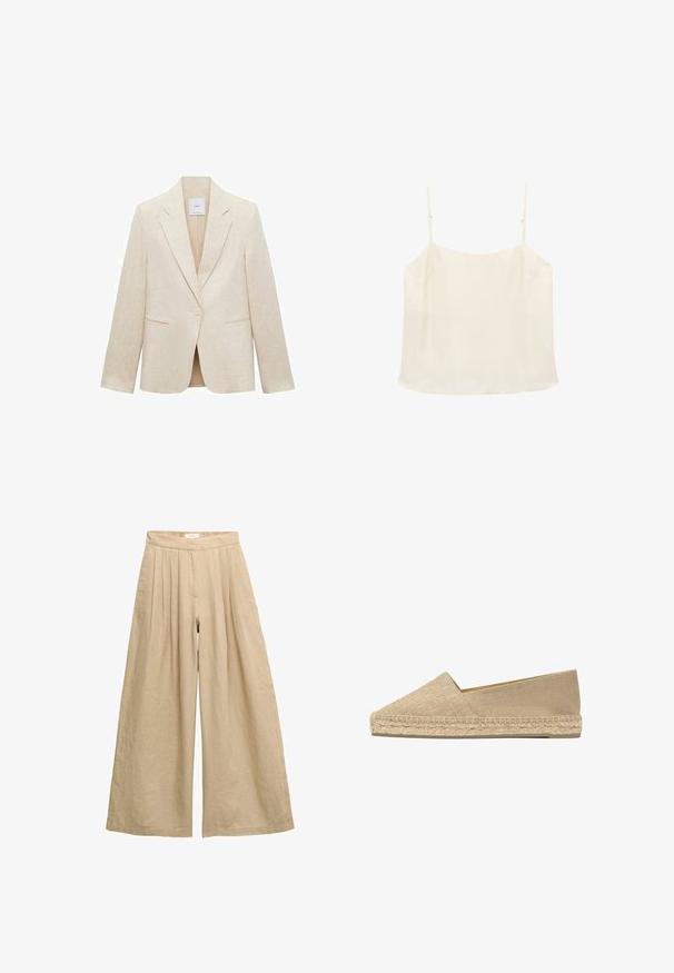 Blazer beige claro de lino, con solapas de muesca, cierre de un botón, dos bolsillos frontales y un corte entallado.; Top de camisola sin mangas de color crema con tirantes finos ajustables y escote recto sobre un fondo blanco.; Pantalones de lino beige de cintura alta y pierna ancha, con pliegues en la cintura y cierre frontal oculto.; Alpargata de lona beige con suela de yute tejido y detalles trenzados a lo largo del borde, mostrando un patrón texturizado en la puntera puntiaguda.