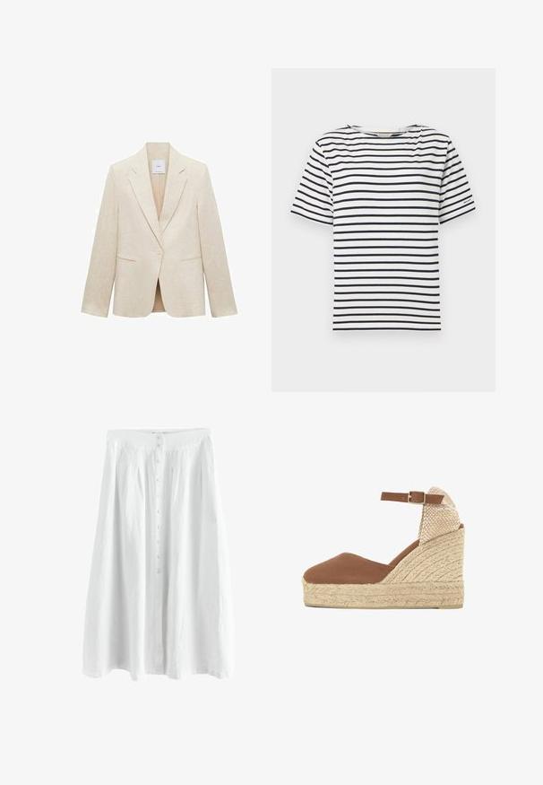Blazer beige claro de lino, con solapas de muesca, cierre de un botón, dos bolsillos frontales y un corte entallado.; Camiseta blanca con rayas horizontales azul marino, cuello redondo, mangas cortas y un pequeño detalle de logo en la manga izquierda. Material de algodón.; Falda midi blanca con cierre de botones frontales y silueta en línea A, hecha de tela ligera.; Sandalia cuña de lona marrón con plataforma de yute tejido, correa en el tobillo con hebilla metálica y talonera texturizada.