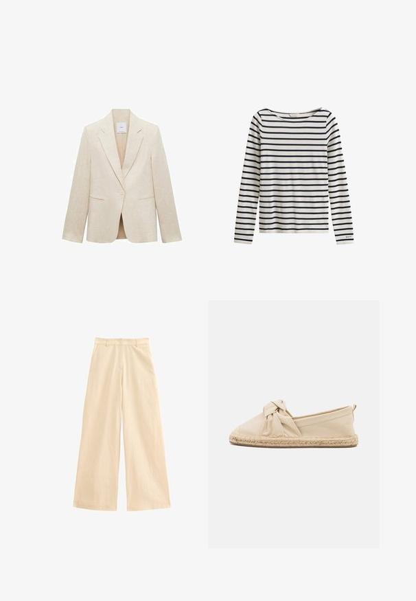 Blazer beige claro de lino, con solapas de muesca, cierre de un botón, dos bolsillos frontales y un corte entallado.; Camisa blanca de manga larga con rayas horizontales azul marino y un pequeño logo "GANT" en el puño de la manga izquierda.; Pantalones de pierna ancha en color beige, fabricados con un material ligero. Cuentan con una cintura alta, cierre de cremallera y bolsillos frontales. Textura suave con un brillo sutil.; Espadrilles de lona beige con un acento anudado en la punta. Presentan una suela de yute trenzado y una textura de tela suave. Elástico lateral para un mejor ajuste.