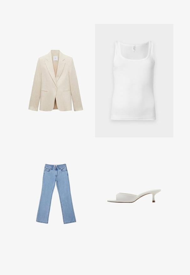 Blazer beige clair en lin, avec un col à revers, fermeture à un bouton, deux poches avant et une coupe ajustée.; Débardeur en coton blanc avec encolure dégagée, fines bretelles et coupe ajustée. Texture lisse et style minimaliste.; Jeans évasés bleu clair en denim, dotés de cinq poches, d'une fermeture éclair et d'un motif de couture simple le long des coutures.; Mule ouverte blanche à bout ouvert avec un petit talon kitten bas et une tige en cuir lisse, montrée de profil sur un fond blanc.