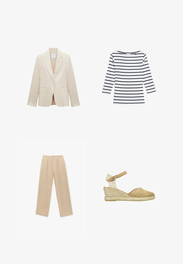 Blazer beige claro de lino, con solapas de muesca, cierre de un botón, dos bolsillos frontales y un corte entallado.; Marks & Spencer STRIPED SLASH NECK - Camiseta de manga larga - white mix; Pantalones de lino beige con una cintura alta, corte de pierna ancha y pliegues frontales. Textura suave y diseño minimalista. Sin bolsillos ni herrajes visibles.; Cuña de esparto de ante beige con suela de yute natural, correa de tobillo ajustable en tono marrón y un detalle de tela trenzada en el tacón.
