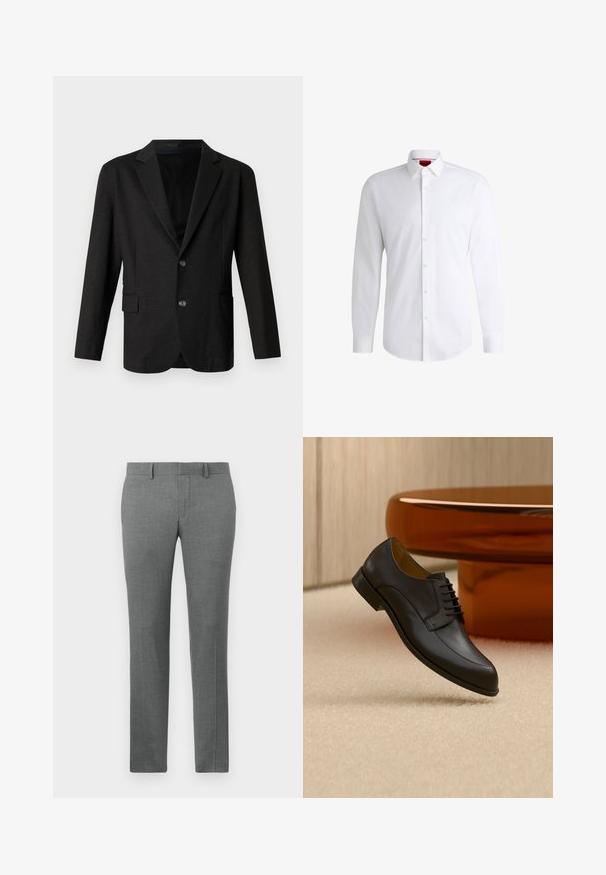 Blazer gris foncé en tissu lisse et texturé. Il présente un revers cranté, deux boutons à l'avant et une poche simple sur le côté gauche.; Chemise blanche à manches longues en tissu lisse avec un col classique et un ourlet arrondi. Présente des boutons beiges à l'avant.; Pantalons gris ajustés avec une texture lisse, design à jambe droite, passants de ceinture et un motif chevron subtil sur l'ensemble.; Chaussure habillée en cuir noir à lacets flottant au-dessus d'un tapis beige, avec une table ronde orange en arrière-plan.