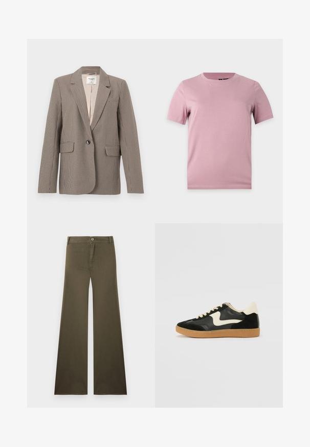 Blazer à carreaux prince-de-galles brun et beige à simple boutonnage avec revers crantés, deux poches avant à rabat et une fermeture par un bouton.; T-shirt uni en coton rose pâle à manches courtes avec col rond, présenté sur un fond plat gris clair.; Pantalon large taille haute couleur vert olive avec fermeture à boutons et fermeture éclair, poches avant et passants pour ceinture.; Baskets en daim et cuir noir avec un swoosh latéral crème et un talon crème clair. Dotées de lacets beige et d'une semelle en caoutchouc gomme.