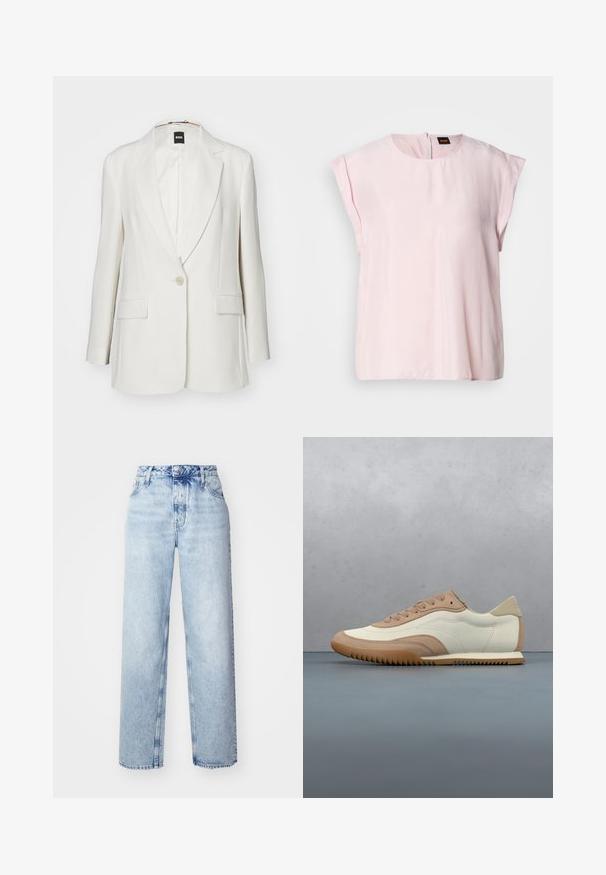 Blazer blanc avec revers crantés, fermeture à un bouton, deux poches avant et un tissu lisse au silhouette structurée.; Haut rose à manches courtes avec un col rond et un léger éclat. Présente une fermeture zippée au dos et une coupe décontractée. Texture lisse.; Jeans taille haute bleu clair avec une coupe ample, mettant en avant des jambes droites, cinq poches et une fermeture classique à boutons et zip.; Baskets crème et beige avec une tige texturée, des lacets et une semelle en caoutchouc, présentées au-dessus d'une surface en bois avec des cailloux.