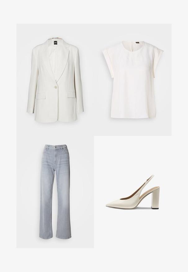 Blazer blanc avec revers crantés, fermeture à un bouton, deux poches avant et un tissu lisse au silhouette structurée.; Blouse blanche à manches courtes avec encolure ronde et coupe ample, avec une petite étiquette noire et orange au dos du col.; Jean large gris clair à taille haute, en denim. Doté de poches avant, d'une fermeture éclair et d'un léger délavage sur l'ensemble.; Chaussure à talon haut slingback pour femme couleur crème, avec bout pointu et talon bloc sur fond blanc.