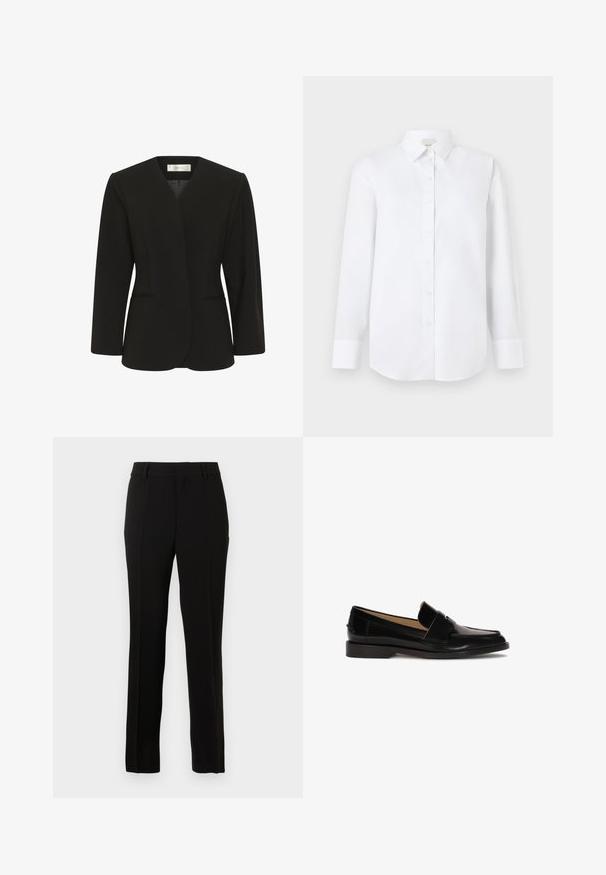 Sort skræddersyet blazer med lange ærmer, åben front, strukturerede skuldre og to slidser i taljen.; Hvid langærmet skjorte lavet af glat stof, med knaplukning foran, klassisk krave og rundet bagkant med knappede manchetter.; Sorte skræddersyede bukser lavet af et glat materiale, med lige snit, pressefolder, bæltesløjfer og lynlås til lukning.; Sorte læder loafers med glat finish, afrundet tå og en dekorativ rem over fronten. Lav blokhælsdesign.