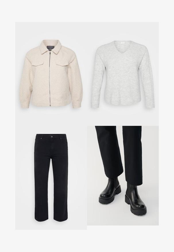 Lichtbeige fleece jas met een ritssluiting, kraag en twee voorzakken. Heeft een gestructureerde stof en een relaxte pasvorm.; Lichtgrijze trui met lange mouwen, een geribbelde textuur, een V-halslijn en een iets gebogen zoom. Zacht materiaal met subtiele patroonvariaties.; Zwarte denim jeans met een rechte pijpontwerp. Kenmerken zijn een sluiting met knoop in de taille, riemlussen en voor-/achterzakken. Gladde textuur.; Persoon die zwarte leren enkellaarzen met dikke zool draagt, gecombineerd met zwarte broek met rechte pijpen op een witte achtergrond.