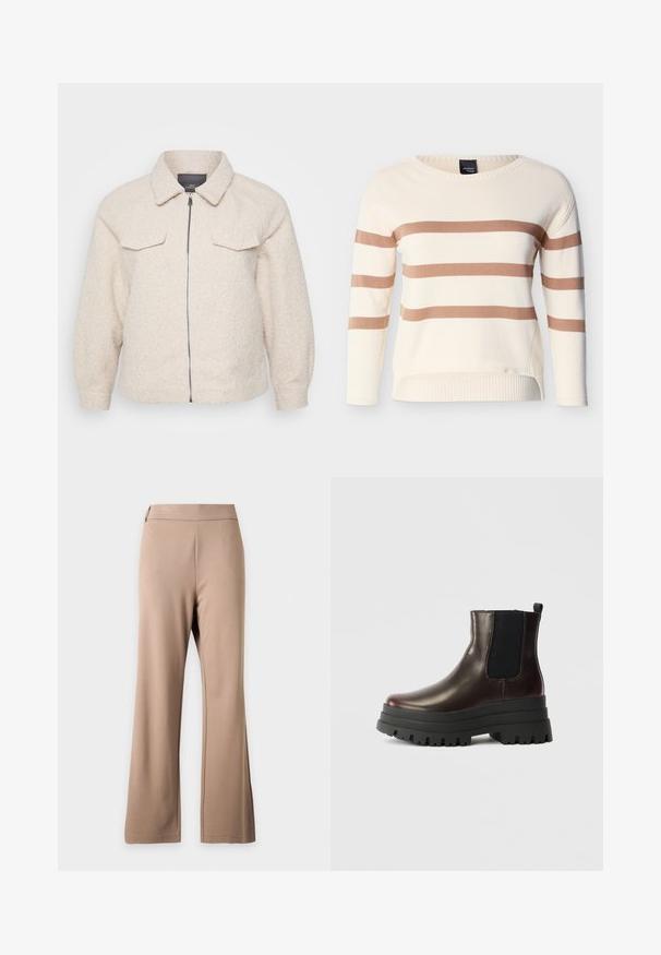 Helle beige Fleecejacke mit Reißverschluss, Kragen und zwei vorderen Taschen. Sie zeichnet sich durch einen strukturierten Stoff und eine lockere Passform aus.; Cremefarbener Pullover mit drei horizontalen hellbraunen Streifen über Brust und Armen, ausgestattet mit einem runden Halsausschnitt und langen Ärmeln.; Beige weit geschnittene Hose mit hohem Bund, sichtbarer Naht in der Mitte und glatter, schlichter Stoffstruktur.; Braune Leder-Ankle-Boots mit elastischen Seitenpaneelen, robuster schwarzer Plateau-Sohle und Zugschlaufe. Sie verfügen über eine glatte Oberfläche und ein robustes Profil.