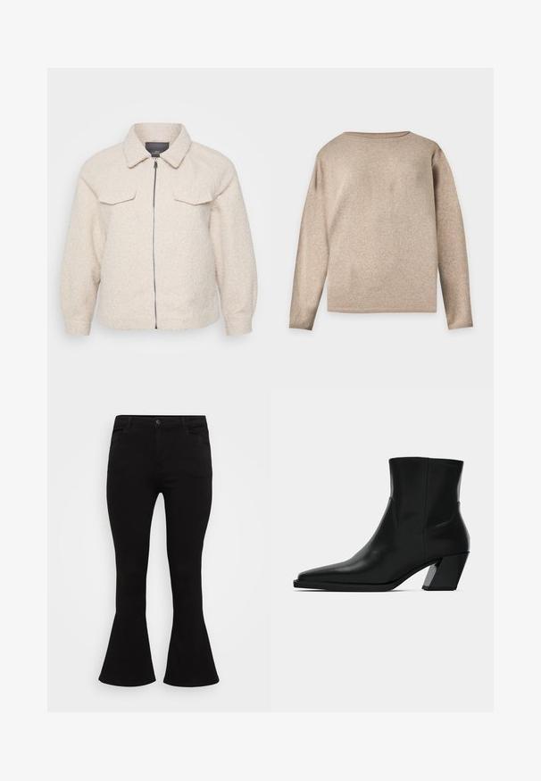 Lys beige fleecejakke med lynlås, krave og to forlommer. Har et tekstureret stof og en afslappet pasform.; Beige langærmet strikket trøje med rund halsudskæring og ribstrikkede manchetter og kant, vist på en ensfarvet lys baggrund.; Sorte flarejeans med en figursyet talje, standard fem-lommet design og en glat denimtekstur med en subtil stræk.; Sortlæder ankelstøvle med spids tå, en slank silhuet og en kraftig firkantet hæl. Glat tekstur med minimale stikninger.