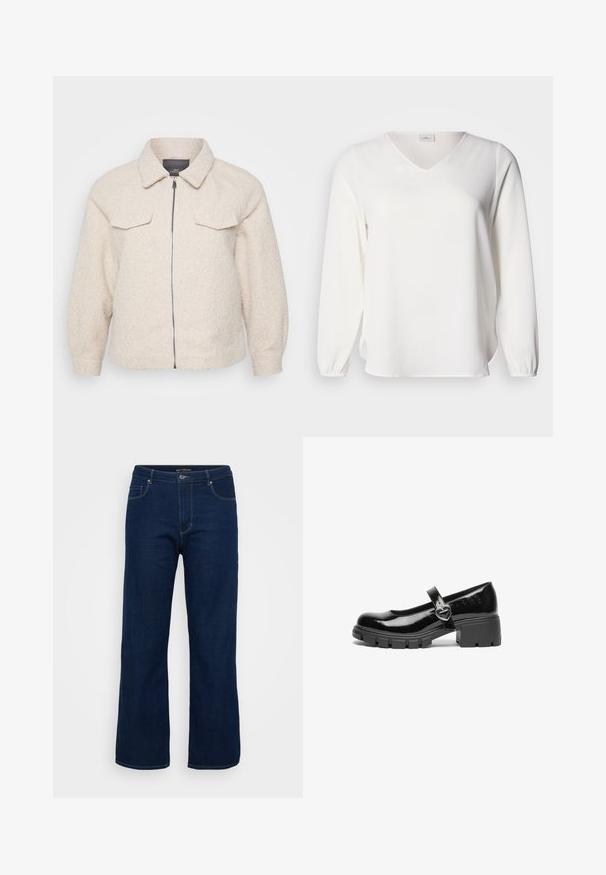 Helle beige Fleecejacke mit Reißverschluss, Kragen und zwei vorderen Taschen. Sie zeichnet sich durch einen strukturierten Stoff und eine lockere Passform aus.; Weiße Langarmbluse mit V-Ausschnitt aus weichem Stoff. Verfügt über geraffte Bündchen und seitliche Schlitze, die eine lockere Passform und eine glatte Textur bieten.; Dunkelblaue Denim-Jeans mit geradem Schnitt, ausgestattet mit einem Reißverschluss, fünf Taschen und sichtbaren Nähten.; Schwarzer lackleder Mary Jane Schuh mit einem klobigen Absatz, runder Spitzenform und einem Riemen mit einer herzförmigen Schnalle.