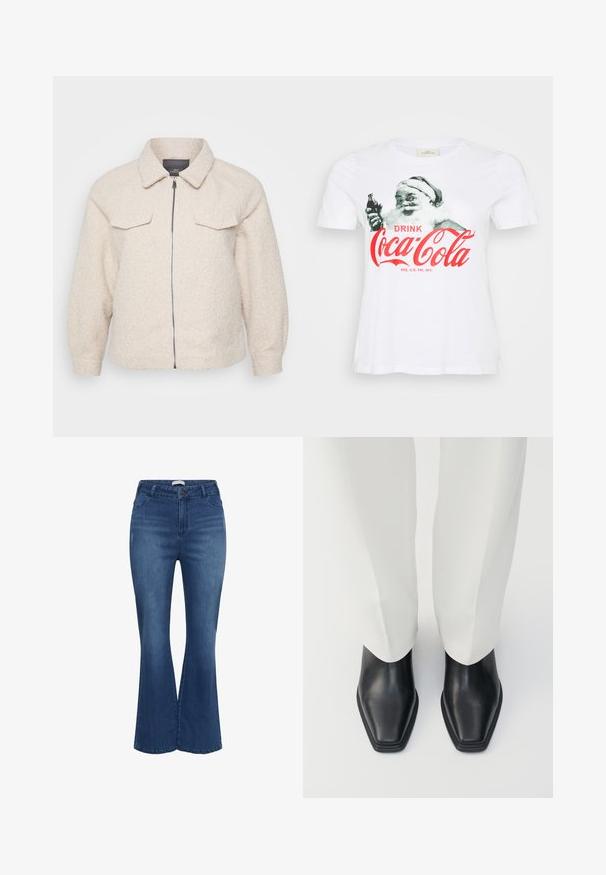 Helle beige Fleecejacke mit Reißverschluss, Kragen und zwei vorderen Taschen. Sie zeichnet sich durch einen strukturierten Stoff und eine lockere Passform aus.; Weißes Baumwoll-T-Shirt mit einem Vintage-Weihnachtsmann-Design, der eine Coca-Cola-Flasche hält, und rotem Text, der "DRINK Coca-Cola" sagt.; Blaue hoch taillierte Jeans aus Denim mit vorderem Knopf und Reißverschluss, leicht ausgewaschen an den Oberschenkeln, und ausgestellten Hosenbeinen.; Schwarze Lederstiefeletten mit spitzem Zeh und niedrigem Blockabsatz, kombiniert mit weißen weiten Hosen. Glatte Textur, elegantes Design.