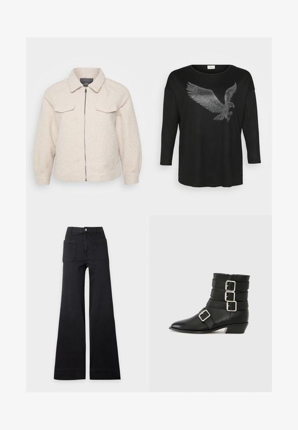 Helle beige Fleecejacke mit Reißverschluss, Kragen und zwei vorderen Taschen. Sie zeichnet sich durch einen strukturierten Stoff und eine lockere Passform aus.; Schwarzes Langarmshirt mit einem glänzenden Adlerdesign aus silbernen Strasssteinen, entspannt geschnitten und mit rundem Ausschnitt.; Schwarze, hoch taillierte, weit geschnittene Hose mit aufgesetzten Fronttaschen und Knopfverschluss, flach auf einem einfarbigen hellen Hintergrund liegend.; RAID COLE - Cowboy-/Bikerstiefelette - black