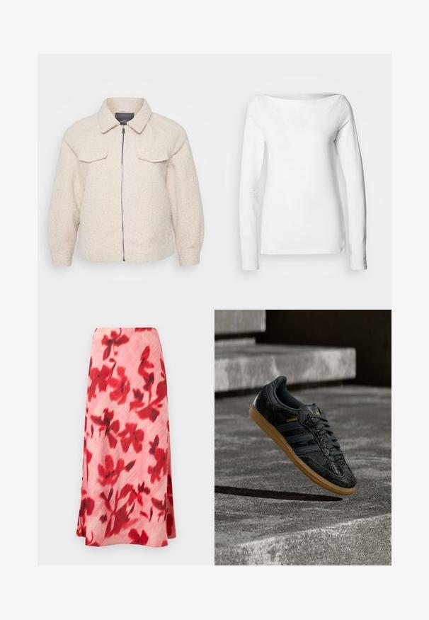 Helle beige Fleecejacke mit Reißverschluss, Kragen und zwei vorderen Taschen. Sie zeichnet sich durch einen strukturierten Stoff und eine lockere Passform aus.; Langärmliges, weißes Baumwollhemd mit weitem U-Boot-Ausschnitt und figurbetonter Silhouette. Glatte Textur ohne sichtbare Muster oder Akzente.; Rosa Midirock mit rotem Blumenmuster und feiner Textur, mit einer A-Linien-Silhouette und einem glatten Bund.; Schwarzer Adidas Samba Sneaker mit strukturiertem Muster, Gummisohle und goldenem Logo, in der Luft über Betontreppen schwebend.