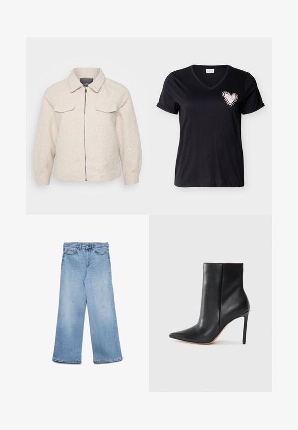 Helle beige Fleecejacke mit Reißverschluss, Kragen und zwei vorderen Taschen. Sie zeichnet sich durch einen strukturierten Stoff und eine lockere Passform aus.; Schwarzes T-Shirt mit V-Ausschnitt und kurzen Ärmeln, mit aufgerollten Ärmelbündchen, versehen mit einem pinkfarbenen Herzaufnäher mit kleinen Nieten und motivierendem Text um die Brust.; Hellblaue Jeans mit weitem Bein, Frontreißverschluss, Knopfverschluss, Gürtelschlaufen und Fünf-Taschen-Design auf weißem Hintergrund.; Schwarze Leder-Stiefelette mit spitz zulaufender Zehe, hohem Stiletto-Absatz und glatter Textur. Hat ein minimalistisches Design ohne sichtbare Beschläge.