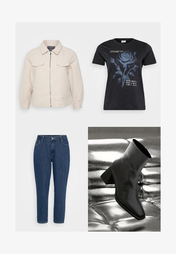 Helle beige Fleecejacke mit Reißverschluss, Kragen und zwei vorderen Taschen. Sie zeichnet sich durch einen strukturierten Stoff und eine lockere Passform aus.; ONLY Carmakoma CARMIKO WASHED SS REG TEE JRS - T-Shirt print - black; Dunkelblaue, hochgeschnittene, gerade Jeans aus Denim mit Fronttaschen, Gürtelschlaufen, Metallknopf und Reißverschluss auf weißem Hintergrund.; Schwarzer Knöchelstiefel aus glänzendem Material mit quadratischer Zehenform und verjüngtem Absatz, vor einem glänzenden silbernen gepolsterten Hintergrund.