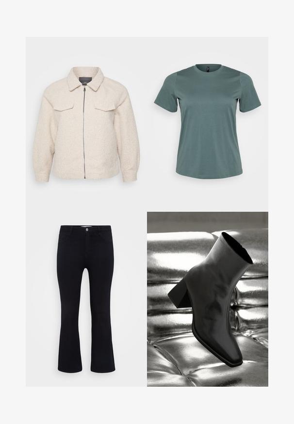 Lichtbeige fleece jas met een ritssluiting, kraag en twee voorzakken. Heeft een gestructureerde stof en een relaxte pasvorm.; Korte mouwen t-shirt in gedempt groen, ronde halslijn, gemaakt van een zachte katoenmix, met een gladde textuur en een ontspannen pasvorm.; ONLY Carmakoma Flared fit CARTHUNDER Mid waist - Flared Jeans - black denim; Zwarte enkellaarsjes van glanzend materiaal met een vierkante neus en taps toelopende hak, afgezet tegen een glanzende zilveren gecapitonneerde achtergrond.
