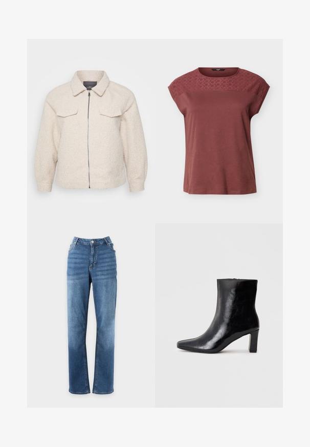 Lys beige fleecejakke med lynlås, krave og to forlommer. Har et tekstureret stof og en afslappet pasform.; Kortærmet mauve top med broderet blomsterblonde på tværs af øverste del af brystet og skuldrene, rund halsudskæring, løs pasform.; Blå straight-fit jeans med knap- og lynlåslukning, for- og baglommer, vist på en ensfarvet hvid baggrund.; Sorte ankelstøvler lavet af blank læder, med spidse tæer og en mellemstor blokhæl, med en glat tekstur og et enkelt design.