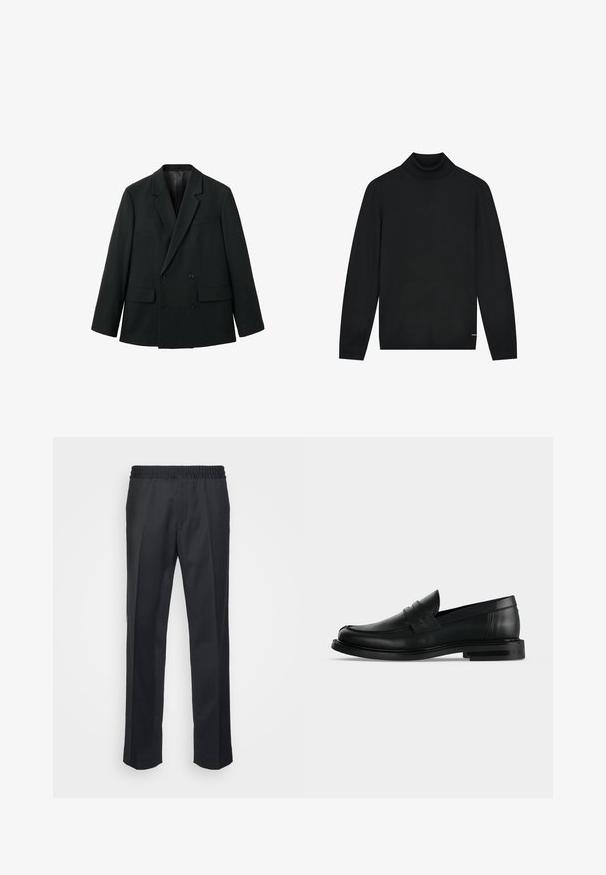 Blazer noir croisé en tissu lisse avec des revers crantés, deux poches avant et des fermetures à bouton. Design ajusté et structuré.; Pull à col roulé noir en matériau doux, avec des manches longues et un col ajusté. Design minimaliste sans motifs visibles.; Pantalons noirs à coupe décontractée, dotés d'une taille élastique, de jambes droites et d'une texture en tissu douce et lisse.; Mocassin penny pour homme en cuir noir avec talon bas empilé et bout arrondi, vu de profil sur fond gris clair.