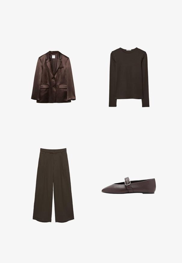 Blazer en satin marron avec revers crantés, deux poches à rabat devant, une poche poitrine passepoilée et deux boutons sur le devant.; Haut à manches longues de couleur marron foncé en tissu doux. Il présente un col arrondi et un ourlet droit, sans motifs ni accents visibles.; Pantalon large marron foncé avec passants de ceinture, plis avant et poches latérales, posé à plat sur un fond blanc.; Chaussure plate marron à bout pointu avec une bride à boucle argentée sur le dessus du pied, texture en cuir lisse et talon bas.