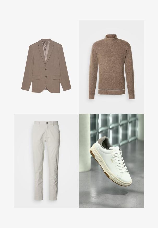 Blazer marron clair en tissu texturé, doté de deux poches avant, d'une fermeture à un bouton et d'une doublure intérieure satinée.; INDICODE JEANS Pullover - otter; Chinos beige clair avec une coupe droite, dotés d'une fermeture à boutons, d'un pli unique et d'une texture en coton lisse.; Baskets blanches avec des accents beige, semelle en caoutchouc et lacets, de marque "HUGO", posées au-dessus d'un sol en béton poli près de blocs de verre.
