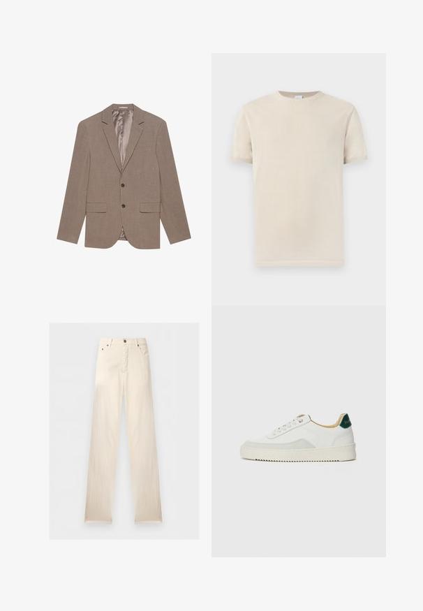 Blazer marron clair en tissu texturé, doté de deux poches avant, d'une fermeture à un bouton et d'une doublure intérieure satinée.; T-shirt beige à manches courtes avec col rond et poignets côtelés, présenté sur un fond clair uni.; Pantalon droit écru avec passants de ceinture, bouton sur le devant, fermeture éclair et poches latérales, présenté sur un fond uni.; Baskets blanches avec des accents en daim, bout arrondi, lacets plats et semelle en caoutchouc crème. Présente une marque verte sur le talon.