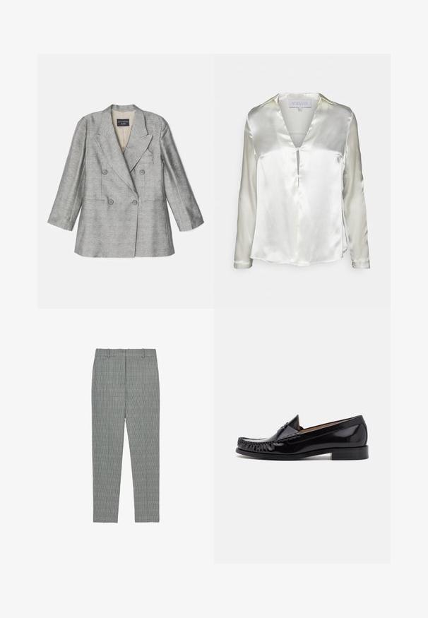 Emporio Armani Blazer - greige; STUDIO ID ALYSSA - Bluse - champagne; Grå bukser med ternet mønster, slim fit, flad front og bæltestropper. Fremstillet af et glat stof med en fin tekstur.; Sorte læder moccasin sko med en skinnende finish, der har frynsedetaljer langs fronten og en lav stabelhælk.