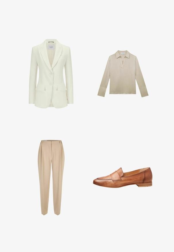 Weißer, taillierter Blazer mit Reverskragen, zwei vorderen Taschen und einer Drei-Knopf-Verschlussleiste. Glattes Material mit strukturiertem Design und minimalen Details.; Beige Bluse mit langen Ärmeln, einem V-Ausschnitt und Knopfmanschetten, präsentiert auf weißem Hintergrund.; Beige maßgeschneiderte gerade Hosen mit Gürtelschlaufen, Reißverschluss vorne und seitlichen Taschen, vor einem weißen Hintergrund präsentiert.; Braune Lederloafer mit glatter Oberfläche, mandelförmiger Zehenpartie und subtiler gestickter Akzentuierung an der Klappe; niedriger Holzabsatz.