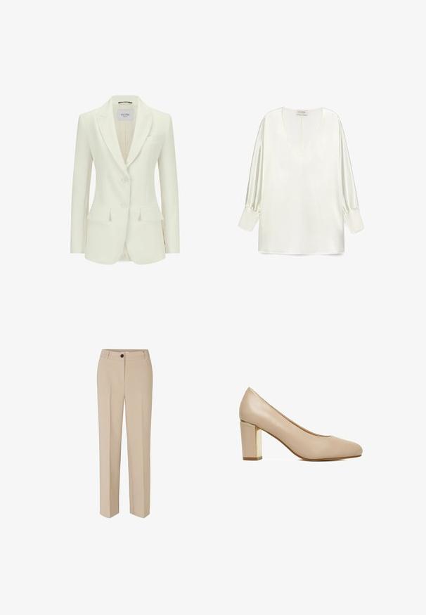 Weißer, taillierter Blazer mit Reverskragen, zwei vorderen Taschen und einer Drei-Knopf-Verschlussleiste. Glattes Material mit strukturiertem Design und minimalen Details.; Weiße Satinbluse mit einem tiefen V-Ausschnitt, langen Puffärmeln und geradem Saum. Der Stoff hat eine glatte, glänzende Textur.; Modström GALE - Stoffhose - powder sand; Beige Leder-Pumps für Damen mit runder Spitze und Blockabsatz mit goldfarbenem Metallic-Akzent.