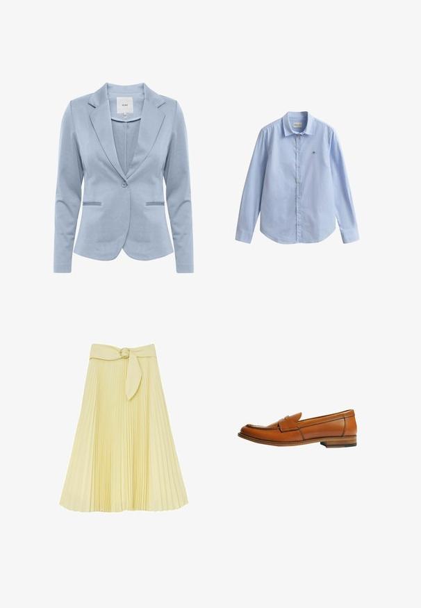 Hellblaues Blazer aus glattem Stoff, mit Schalkragen, Einzelknopfverschluss und zwei vorderen Taschen. Klassisches maßgeschneidertes Design.; Hellblaue langärmlige Baumwoll-Hemd mit Button-Down-Kragen. Verfügt über ein kleines, gesticktes Logo auf der linken Brust und einen abgerundeten Saum.; Hellgelber, plissierter Midirock mit breitem Bund, ausgestattet mit einem Stoffgürtel und einer verdrehten, goldfarbenen runden Schnalle.; Brauner Leder-Loafer mit flachem Absatz, rundem Zehenbereich und dekorativem Riemen über dem Vorderblatt. Glatte Textur mit kontrastierenden Steppnähten.