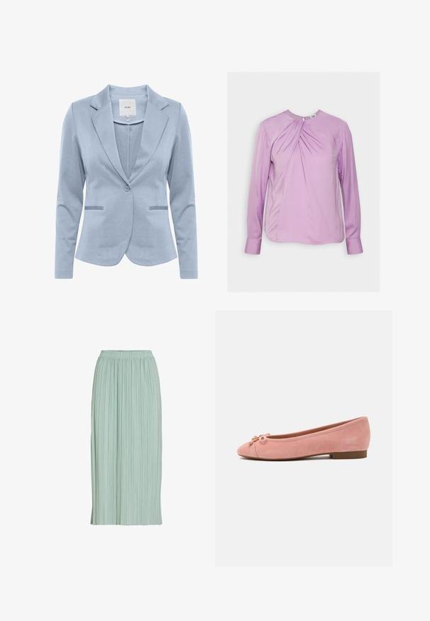 Svetlo modrý blejzer z hladkej tkaniny, s šálovým golierom, jedným gombíkom a dvoma prednými vreckami. Klasický strih.; Twist & Tango BRENDA BLOUSE - Blúzka - lilac; Svetlozelená plisovaná midi sukňa s elastickým pásom, rovný strih a ľahká látka.; Mäkké ružové semišové baletné baleríny s malou mašľou a zlatým akcentom na zaoblenom špičke, nízkym podpätkom a hladkou podrážkou.