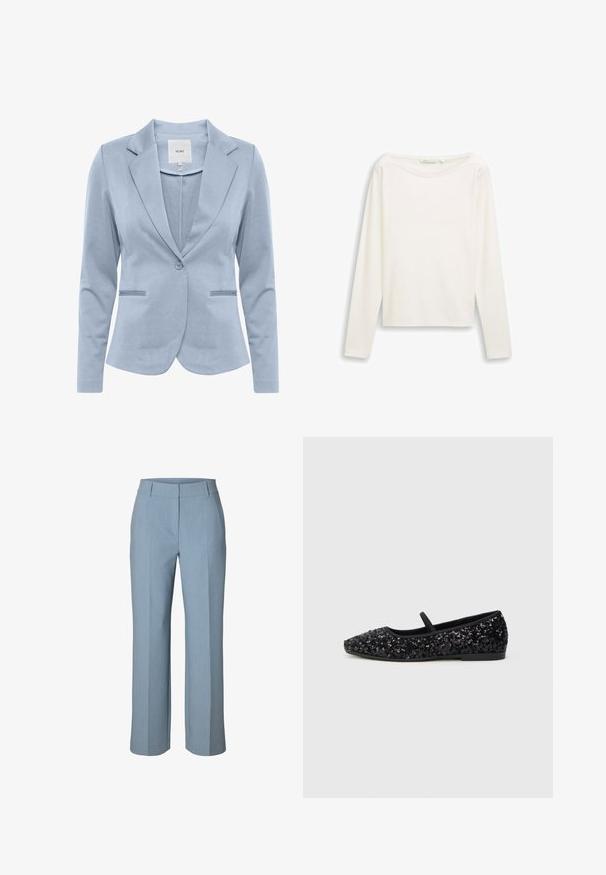 Blazer azul claro hecho de una tela suave, con cuello de chal, cierre de botón único y dos bolsillos frontales. Diseño clásico y ajustado.; Top blanco de manga larga hecho de tela acanalada, con un escote amplio y aberturas laterales en el dobladillo. Textura simple y suave.; Pantalones azul claro de pierna recta con cintura y trabillas para cinturón, detalle de pliegue delantero y un diseño limpio y entallado.; Zapatos planos negros con puntera afilada, que presentan un superior adornado con lentejuelas, una tira negra a través del empeine y un tacón bajo.