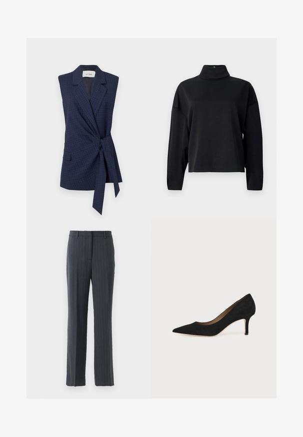 Marineplaid ærmeløs blazer med bånd i taljen, slagkrave og enkelt lomme. Glat stof, skræddersyet pasform. Mærke: IVY OAK.; Sort langærmet top med høj mock neck, afslappet pasform, blød tekstur og sænkede skuldersømme. Ingen synlige mønstre eller udsmykninger.; Mørkegrå stribede lige ben bukser til mænd med bælteholdere og lynlåsclosure på en hvid baggrund.; Sort ruskind spids tå højhælet pumpe med en slank mellemhøj stilethæl og et lavt snit på en ensfarvet baggrund.
