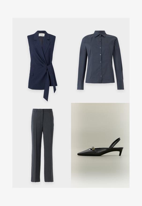 Marineblauwe geruite mouwloze blazer met knooptaille, notch lapels en één pocket. Gladde stof, getailleerde pasvorm. Label: IVY OAK.; Donkergrijs hemd met lange mouwen, knoopsluiting, spitse kraag en aansluitende naden, weergegeven op een witte achtergrond.; Donkergrijze streeppatroon pantalon met rechte pijpen, riemlussen en voorrits sluiting op een witte achtergrond.; Zwarte lederen slingback kitten heel met puntige neus en klein gouden gespsluiting op een effen achtergrond.