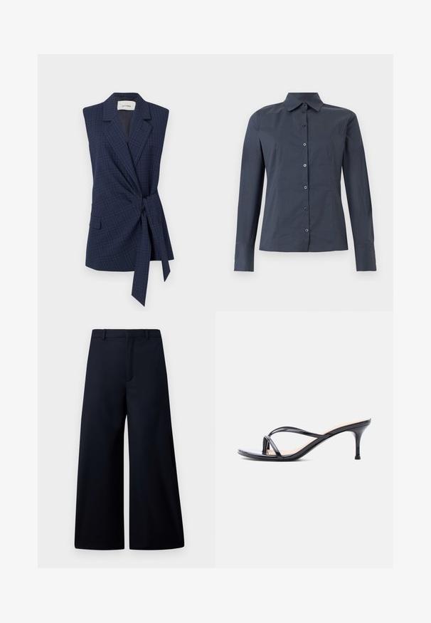 Marineblauwe geruite mouwloze blazer met knooptaille, notch lapels en één pocket. Gladde stof, getailleerde pasvorm. Label: IVY OAK.; Donkergrijs hemd met lange mouwen, knoopsluiting, spitse kraag en aansluitende naden, weergegeven op een witte achtergrond.; Wijdbroek in donker marineblauw, gemaakt van een gladde stof. Kenmerkt zich door een platte tailleband, vooraan een plooi en geen zichtbare hardware of patronen.; Zwarte laklederen sandaal met hakken, dunne gekruiste bandjes en een slanke, middelhoog stilettohak op een witte achtergrond.