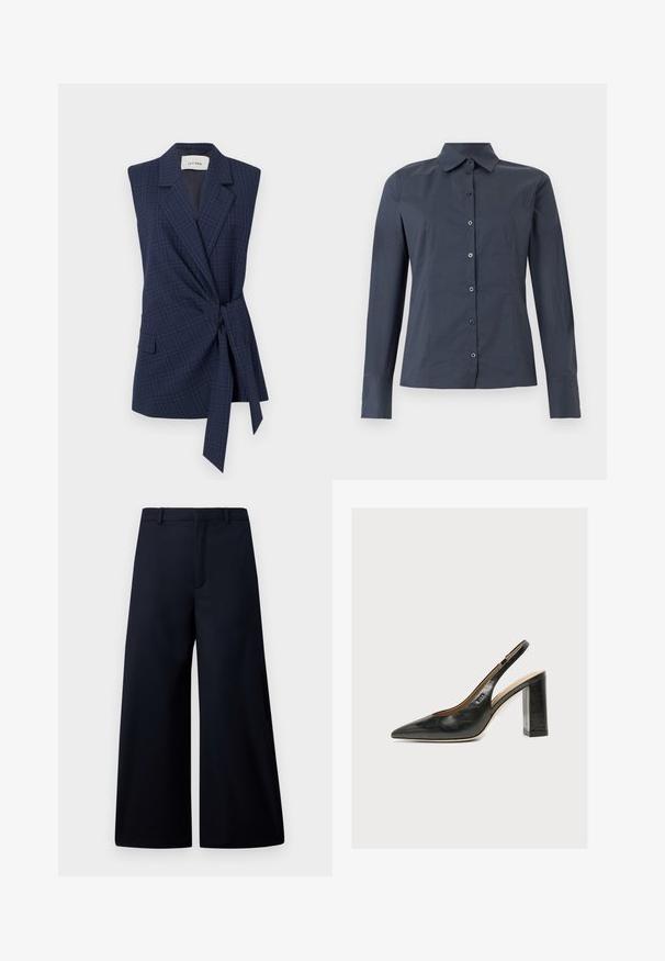 Marineplaid ærmeløs blazer med bånd i taljen, slagkrave og enkelt lomme. Glat stof, skræddersyet pasform. Mærke: IVY OAK.; Mørkegrå, langærmet skjorte med knapper og spids krave samt figursyede sømme, vist på hvid baggrund.; Breddebenede bukser i mørk navy, lavet af et glat stof. Har en flad talje, en frontfals og ingen synlig hardware eller mønstre.; Sort læder kvindesko med slingback, spids tå og tyk blokhøj hæl på hvid baggrund.