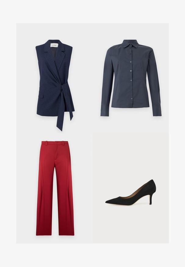 Marineblauwe geruite mouwloze blazer met knooptaille, notch lapels en één pocket. Gladde stof, getailleerde pasvorm. Label: IVY OAK.; Donkergrijs hemd met lange mouwen, knoopsluiting, spitse kraag en aansluitende naden, weergegeven op een witte achtergrond.; Rode op maat gemaakte broek met rechte pijpen, riemlussen en zijzakken. Gladde stoftextuur zonder zichtbare patronen of hardware.; Zwarte suède pumps met spitse neus, een slanke middenhoge naaldhak en een laag uitgesneden ontwerp op een effen achtergrond.