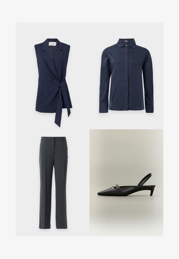 Blazer sans manches à carreaux bleu marine avec ceinture à nouer, revers en pointe et poche unique. Tissu lisse, coupe ajustée. Étiquette : IVY OAK.; Chemise boutonnée à manches longues bleu marine, en tissu léger et lisse. Équipée d'un col classique et d'une patte de boutonnage discrète.; Pantalons habillés droits à rayures gris foncé avec passants de ceinture et fermeture éclair à l'avant sur fond blanc.; Escarpin slingback en cuir noir avec talon kitten, bout pointu et petite boucle dorée sur un fond uni.