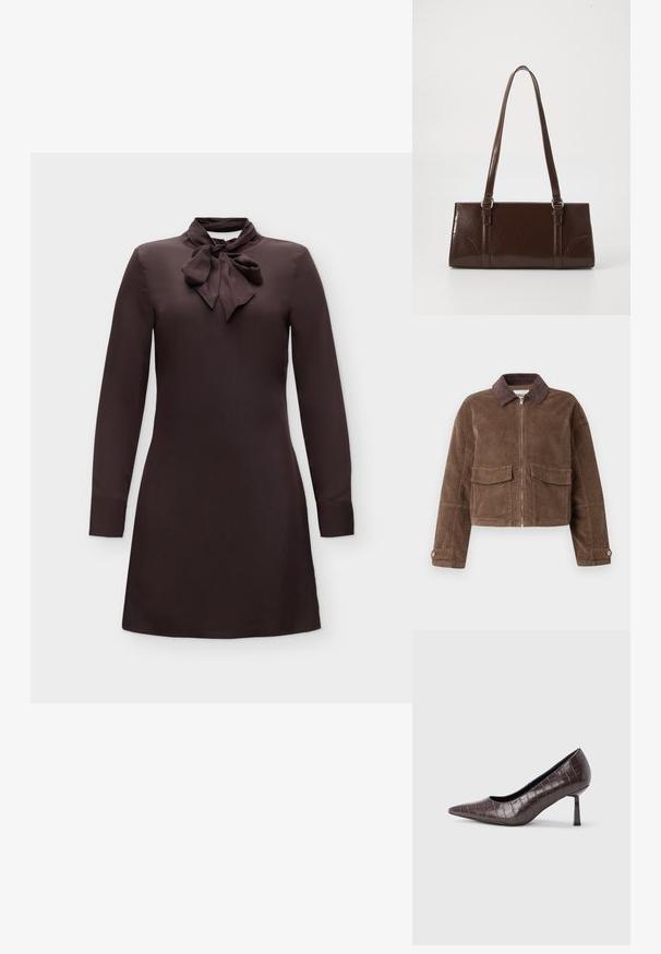 Veste cropped en velours côtelé marron avec fermeture éclair sur le devant, deux poches poitrine et un col en velours côtelé marron. Tissu texturé avec un motif en côtes.; Robe marron foncé à manches longues avec un col noué en nœud papillon et une silhouette droite et simple sur un fond uni.; Escarpins à bout pointu en similicuir marron avec une texture crocodile, dotés d’un talon fin et angulaire ainsi que d’une doublure intérieure lisse.; Sac à main en cuir verni marron de forme rectangulaire, avec deux longues poignées et des accents courbés subtils à l'avant.