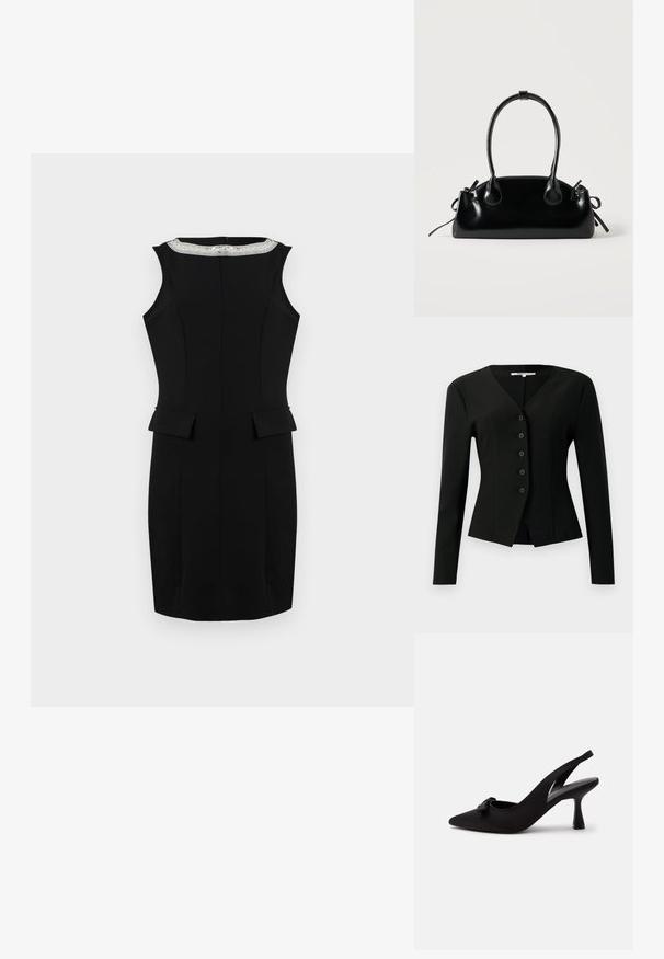 Blazer noir ajusté à manches longues avec col en V, cinq boutons sur le devant et ourlet légèrement évasé.; Robe sans manches noire avec une coupe structurée, des accents de peplum à la taille, et une bordure décorative plus claire le long de l'encolure ronde.; Chaussure à talon haut slingback noire à bout pointu avec un petit nœud sur le devant et un talon fin, présentée sur un fond blanc.; Petit sac à main noir brillant avec deux longues anses et des détails à cordon sur les côtés sur un fond clair uni.