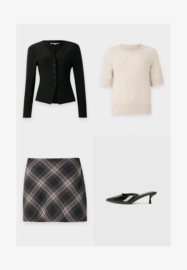 Blazer noir ajusté à manches longues avec col en V, cinq boutons sur le devant et ourlet légèrement évasé.; Pull beige à manches courtes avec un col rond, orné d'accents en perles au niveau du col et de poignets et d'un ourlet côtelés. Texture douce.; Jupe mini à carreaux noir et beige avec un motif à checks diagonal, taille ajustée et texture de tissu lisse.; Mules en cuir verni noir avec un bout pointu, un petit talon et des côtés courbés, présentant une finition brillante et un design minimaliste.