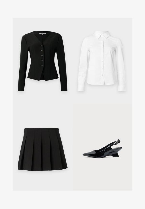 Blazer noir ajusté à manches longues avec col en V, cinq boutons sur le devant et ourlet légèrement évasé.; Chemise blanche à manches longues avec boutons, col pointu, ourlet droit et silhouette ajustée, présentée sur un fond clair uni.; Jupe mini plissée noire avec un design structuré, fabriquée à partir d'un tissu lisse. Dispose d'une taille et de plis verticaux régulièrement espacés.; Chaussure slingback en cuir verni noir avec bout pointu et petit talon bloc incliné sur fond clair uni.