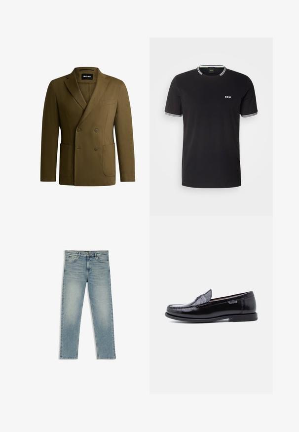 Oliivivihreä kaksirivinen bleiseri, joka on valmistettu sileästä kankaasta. Varustettu notched-lapel -kauluksella, kahdella etutaskulla ja yhdellä rintataskulla.; Mustat puuvillapaidat, joissa valkoiset rajat kaula-aukoissa ja hihoissa, ja vasemmassa rinnassa on pieni valkoinen "BOSS"-logo.; Vaaleansiniset suoralahkeiset farkut, joissa nappikiinnitys edessä, vetoketju ja etu- sekä takataskut, tasaisesti valkoisella taustalla.; Mustat nahkaiset loafersit kiiltävällä pinnalla, joissa on ommeltu kuvio kärjessä ja matala, kuvioitu musta kumipohja.