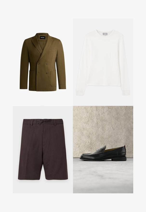 Oliivivihreä kaksirivinen bleiseri, joka on valmistettu sileästä kankaasta. Varustettu notched-lapel -kauluksella, kahdella etutaskulla ja yhdellä rintataskulla.; Valkoinen pitkähihainen ribbineulepaita, jossa on pyöreä pääntie ja istuvat hihansuut. Kauluksessa on "PAUL & JOE" -merkki.; Tummanruskeat polvipituiset shortsit, joissa on kiristysnauhavyötärö ja vyölenkit, yksinkertaisella ja siistillä designilla valkoisella taustalla.; Musta nahkainen miesten loafer, jossa on krokotiilikuviollinen päällinen ja matala korko, esitetty sivuprofiilissa neutraalilla taustalla.