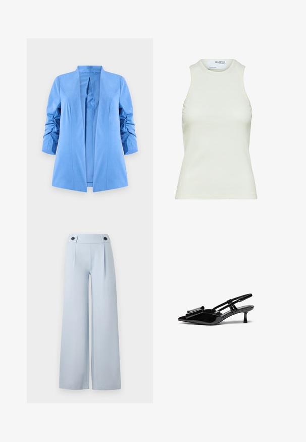 Blazer bleu clair avec un design à enfiler, des épaules structurées et des manches froncées, fabriqué dans un tissu lisse sans fermetures visibles.; Débardeur blanc sans manches côtelé avec encolure ronde de Selected Femme, vue de face sans motifs ni décorations.; Pantalons larges bleu clair avec une taille plate, des plis et deux boutons noirs à la taille. Fabriqués en tissu lisse avec une finition soignée.; Talons aiguilles en cuir verni noir avec un bout pointu, un détail en nœud à l'avant et un petit talon stiletto. Les brides sont équipées de boucles ajustables.