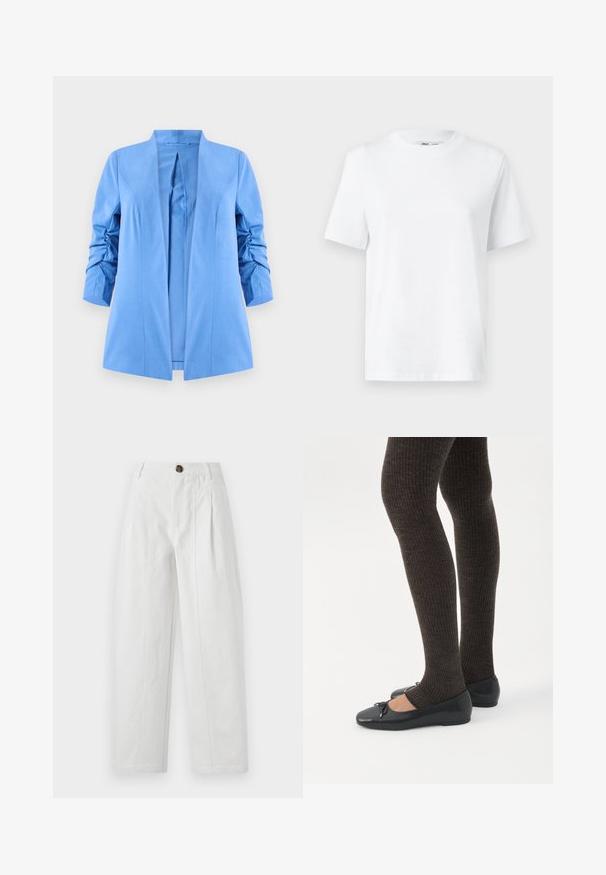 Blazer bleu clair avec un design à enfiler, des épaules structurées et des manches froncées, fabriqué dans un tissu lisse sans fermetures visibles.; T-shirt en coton blanc à col rond, avec des manches courtes et une texture lisse. Conçu avec une coupe décontractée pour plus de confort et de polyvalence.; Pantalons larges blancs en coton avec une finition texturée. Comprend un bouton marron, des plis et des poches latérales.; Jambes portant des leggings côtelés foncés associés à des ballerines noires avec de petits détails en nœud sur fond blanc.