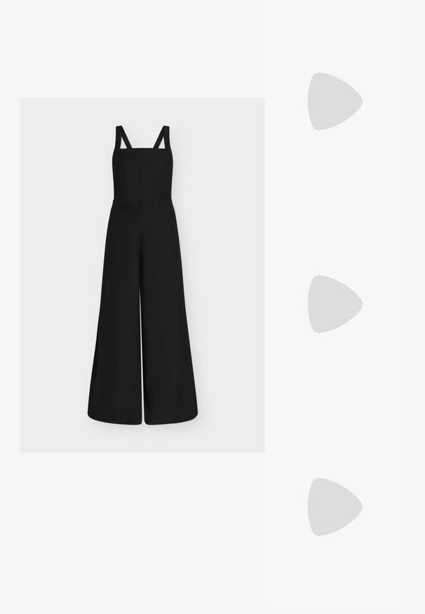 Schwarzer Jumpsuit mit weitem Bein, quadratischem Ausschnitt und dicken Schulterträgern, mit tailliertem Oberteil und hoher Taille.; Marineblauer ärmelloser Weste mit geradem Schnitt, vertikalen Nadelstreifen und sechs Vorderknöpfen, runder Halslinie und einem leichten Schlitz am Boden.; ALOHAS JOELLE ONIX - Pumps - black; Burgunder Samtbeutel mit runder Form, strukturiertem Oberfläche und einem dezenten Reißverschlussverschluss an der Oberseite. Glatt im Inneren.