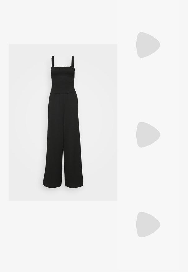 Mono negro con cuerpo fruncido, escote cuadrado y diseño de pierna ancha. Presenta tirantes elásticos y una tela texturizada.; Cárdigan de punto burdeos con un patrón de tejido abierto texturizado, que presenta un escote redondo y cierre de botones en la parte delantera.; Even&Odd Bailarinas con tira trasera - black; Bolso burdeos hecho de material brillante, de forma rectangular, con dos asas para el hombro y sutiles acentos curvados en la parte frontal.