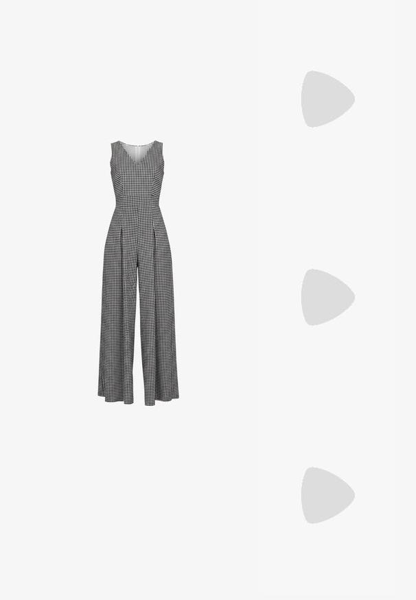 Ärmelloser Jumpsuit mit weitem Bein und schwarz-weißem Hahnentrittmuster, V-Ausschnitt und taillierter Taille.; JDY JDYJANNE O NECK CARDIGAN - Strickjacke - black; Schwarze Lackleder-Mules mit spitzem Zeh, niedrigem Kitten-Heel und geschwungenen Seiten, die ein glänzendes Finish und ein minimalistisches Design aufweisen.; Schwarze Lederhandtasche mit zwei verlängerten Griffen, Reißverschluss und runder Form; glatte Textur mit subtiler glänzender Oberfläche.
